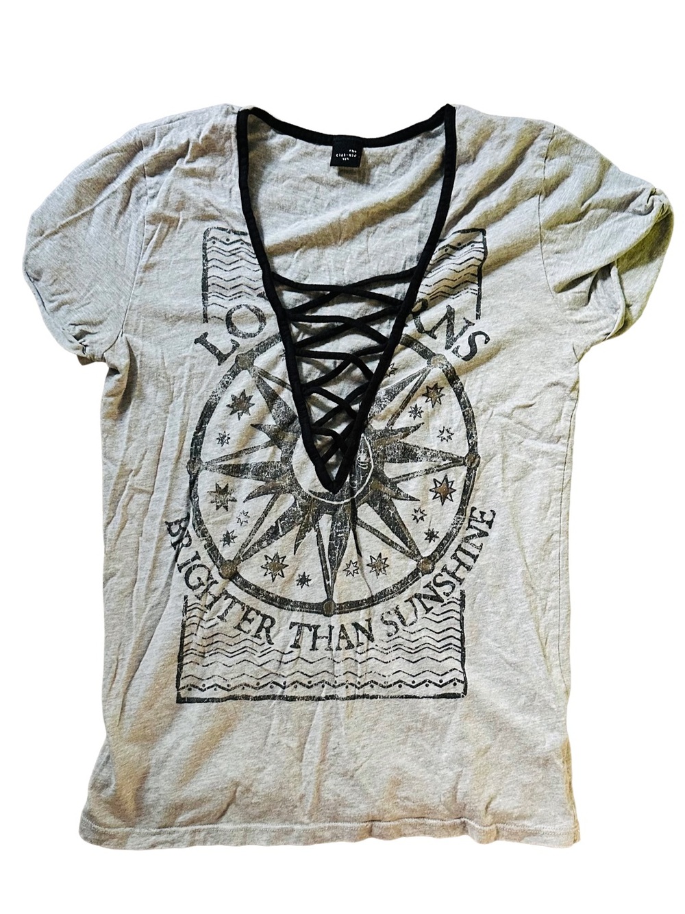 The Classic Light Gray Lace-Up Graphic V-Neck Tee